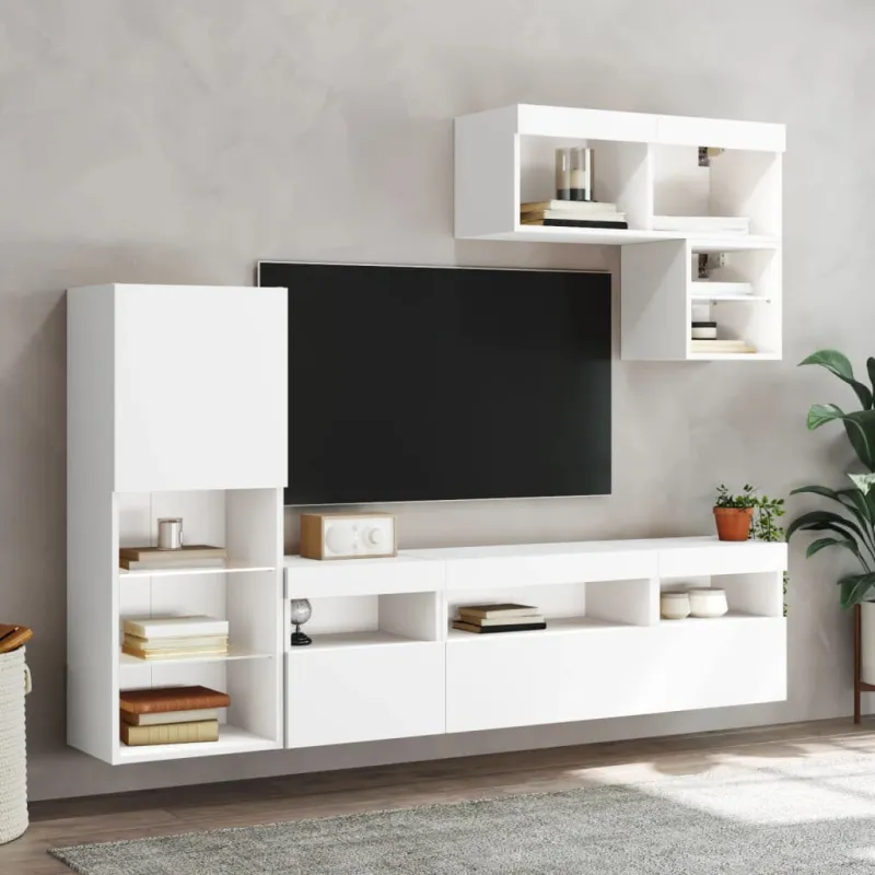 Sieninė TV sekcija su LED, 6 dalių, balta, apdirbta mediena