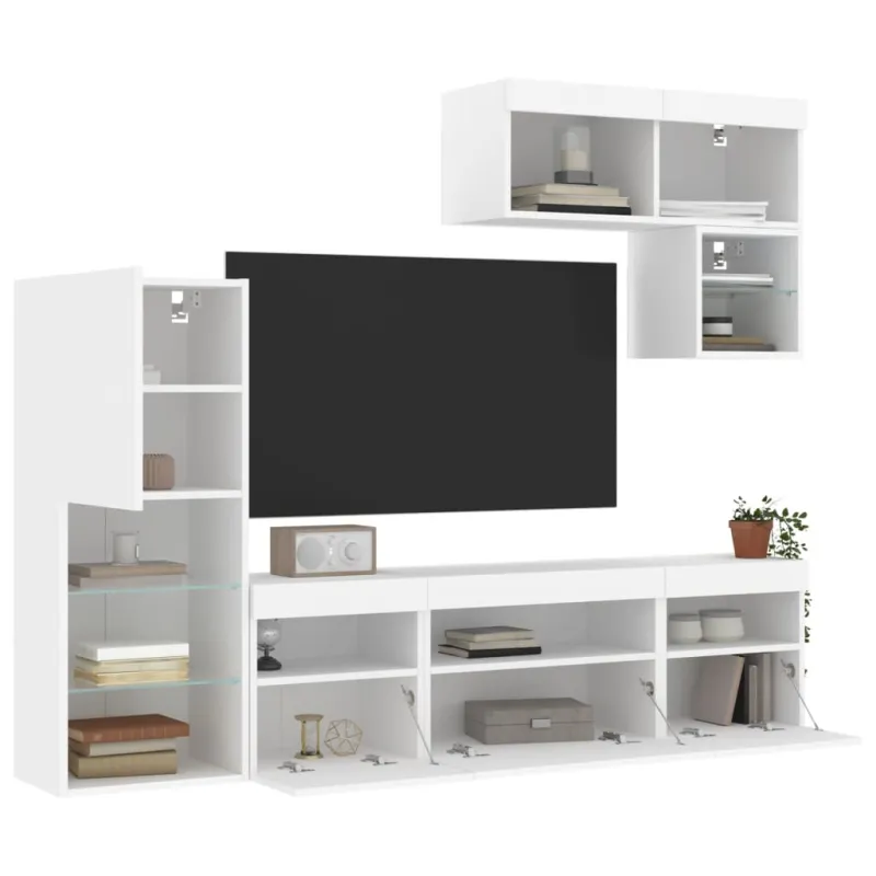 Sieninė TV sekcija su LED, 6 dalių, balta, apdirbta mediena