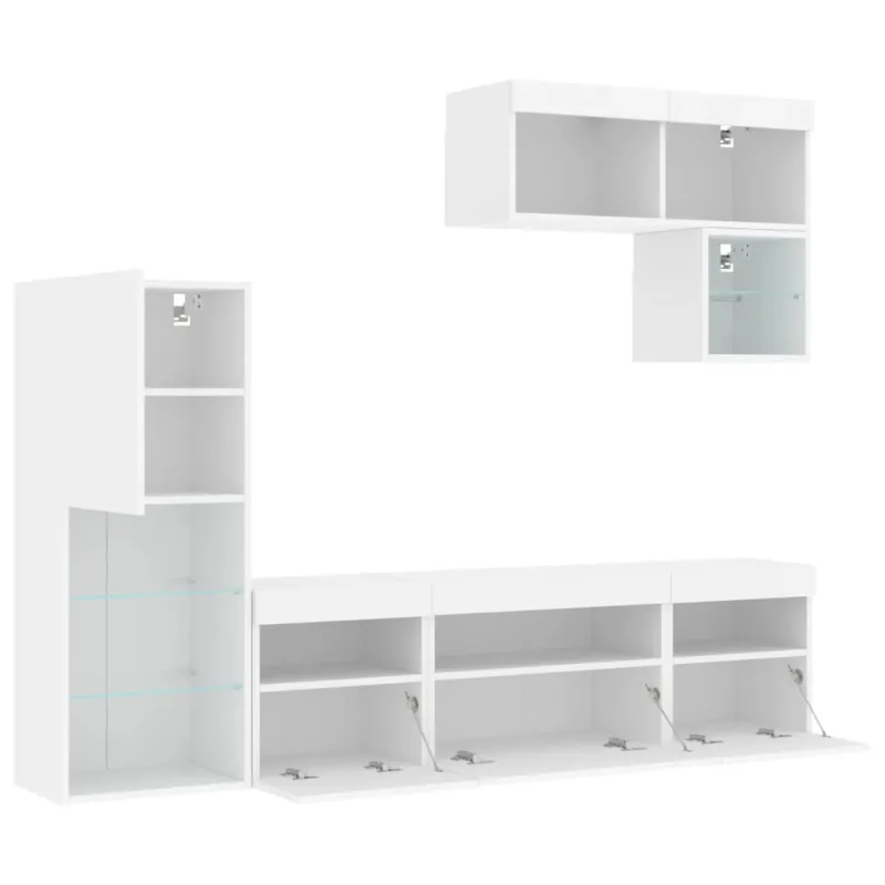 Sieninė TV sekcija su LED, 6 dalių, balta, apdirbta mediena