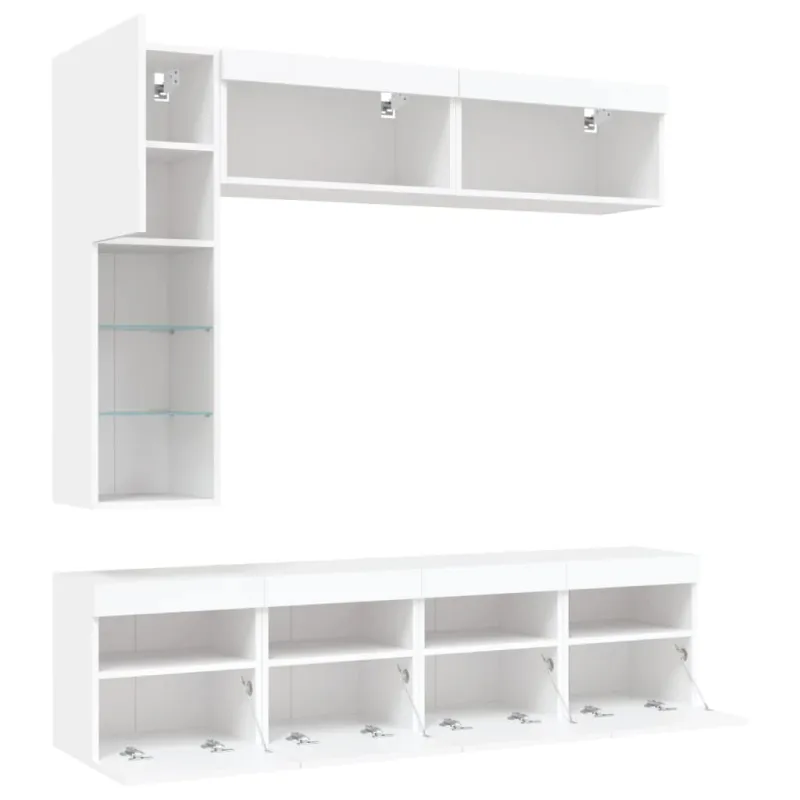 Sieninės TV spintelės su LED lemputėmis, 7vnt., baltos spalvos