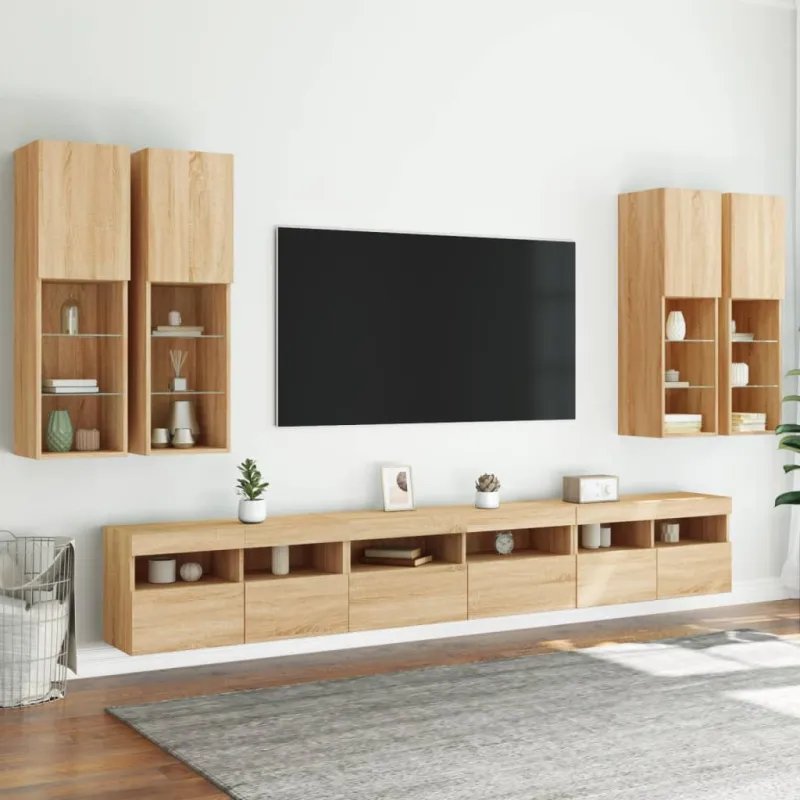 Sieninės TV spintelės su LED lemputėmis, 7vnt., ąžuolo spalvos