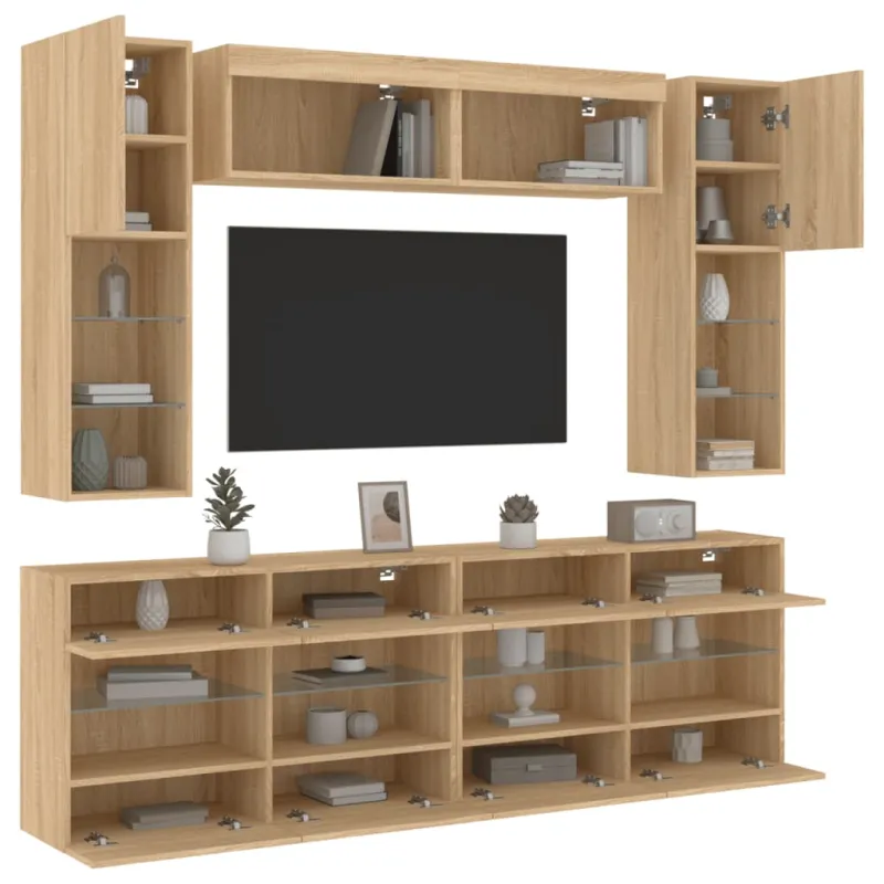 Sieninės TV spintelės su LED lemputėmis, 6vnt., ąžuolo spalvos