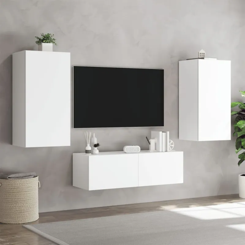 Sieninės TV spintelės su LED lemputėmis, 3 dalių, baltos