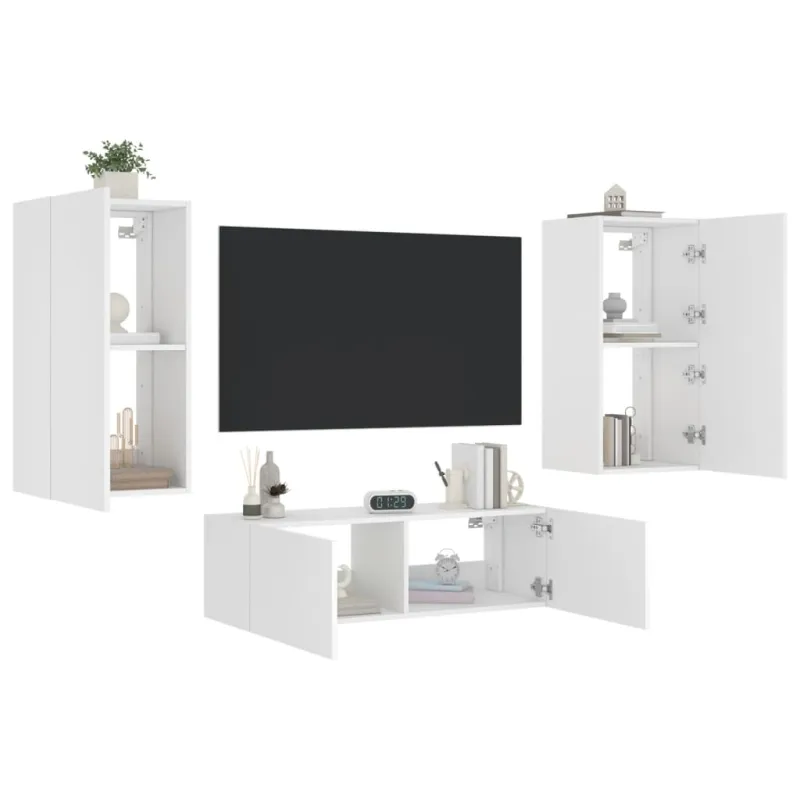 Sieninės TV spintelės su LED lemputėmis, 3 dalių, baltos