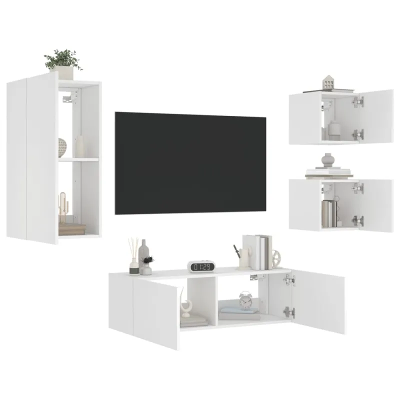 Sieninės TV spintelės su LED lemputėmis, 4 dalių, baltos