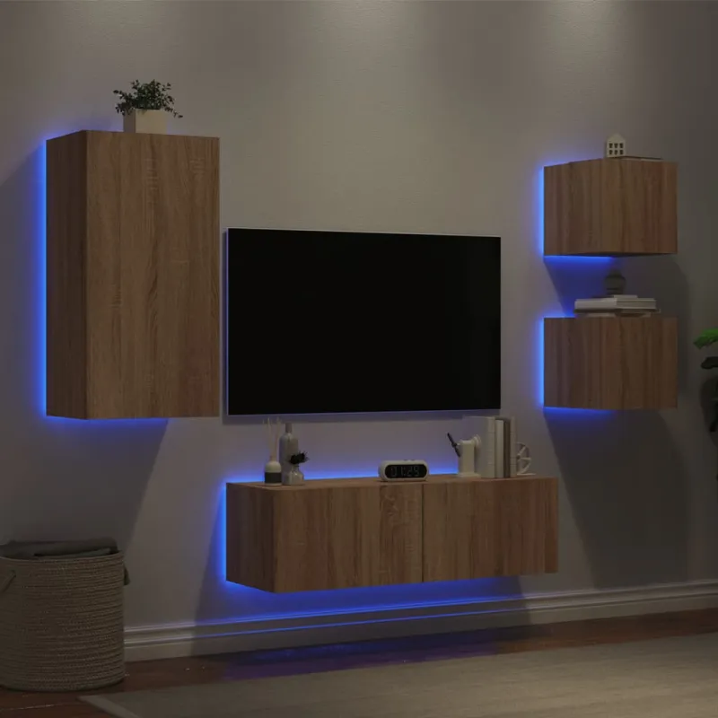 Sieninės TV spintelės su LED lemputėmis, 4 dalių, ąžuolo