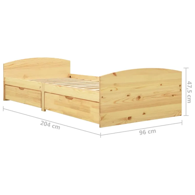 Lovos rėmas su 2 stalčiais, 90x200cm, pušies medienos masyvas