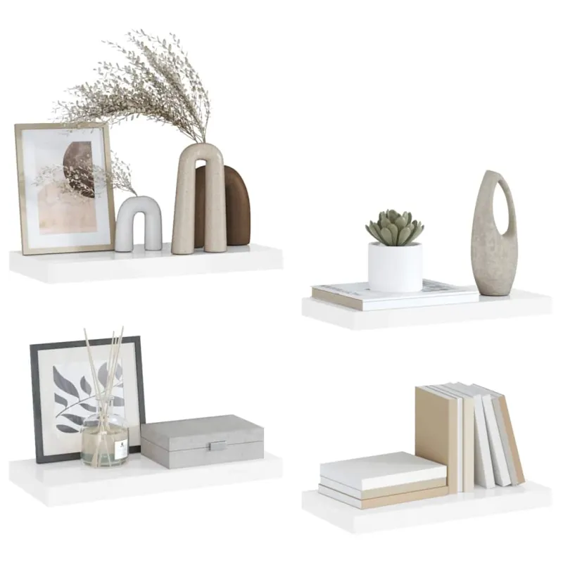 Pakabinamos sieninės lentynos, 4vnt., baltos, 50x23x3,8cm, MDF