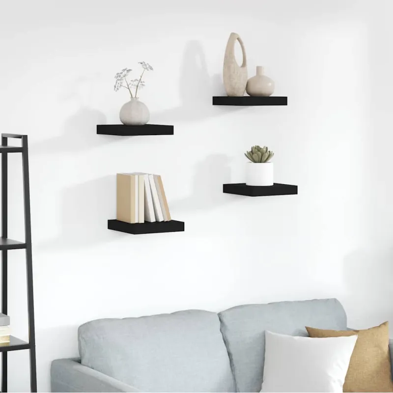 Pakabinamos lentynos, 4vnt., juodos, 23x23,5x3,8cm, MDF