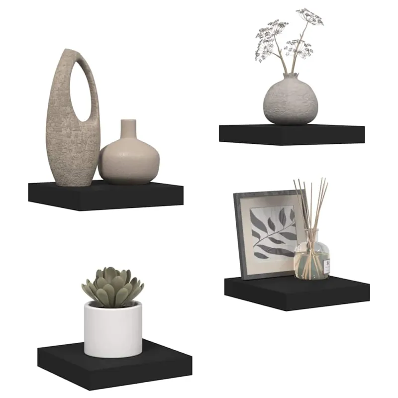 Pakabinamos lentynos, 4vnt., juodos, 23x23,5x3,8cm, MDF