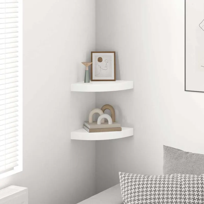 Kampinės lentynos, 2 vnt., blizgios baltos, 25x25x3,8 cm, MDF