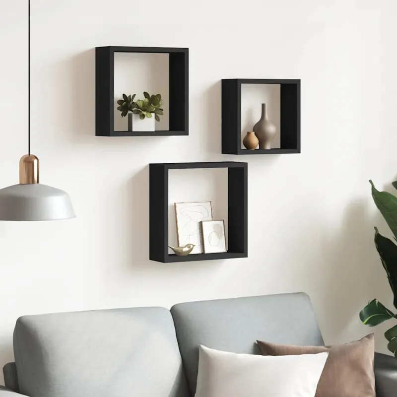 Sieninės lentynos, 3vnt., juodos spalvos, MDF, kubo formos