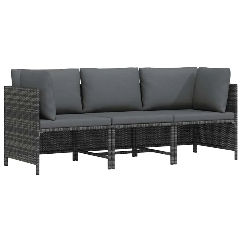 Trivietė sodo sofa su pagalvėlėmis, pilkos spalvos, poliratanas