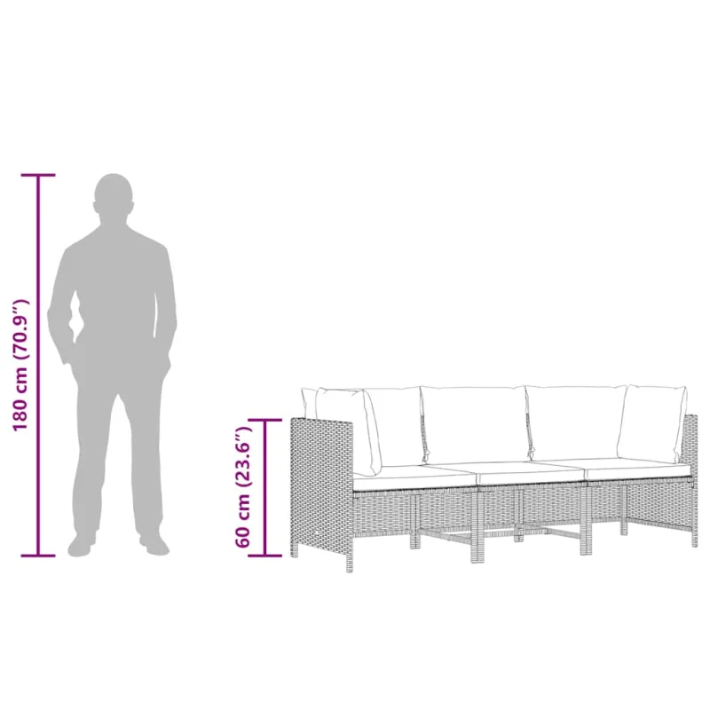 Trivietė sodo sofa su pagalvėlėmis, pilkos spalvos, poliratanas
