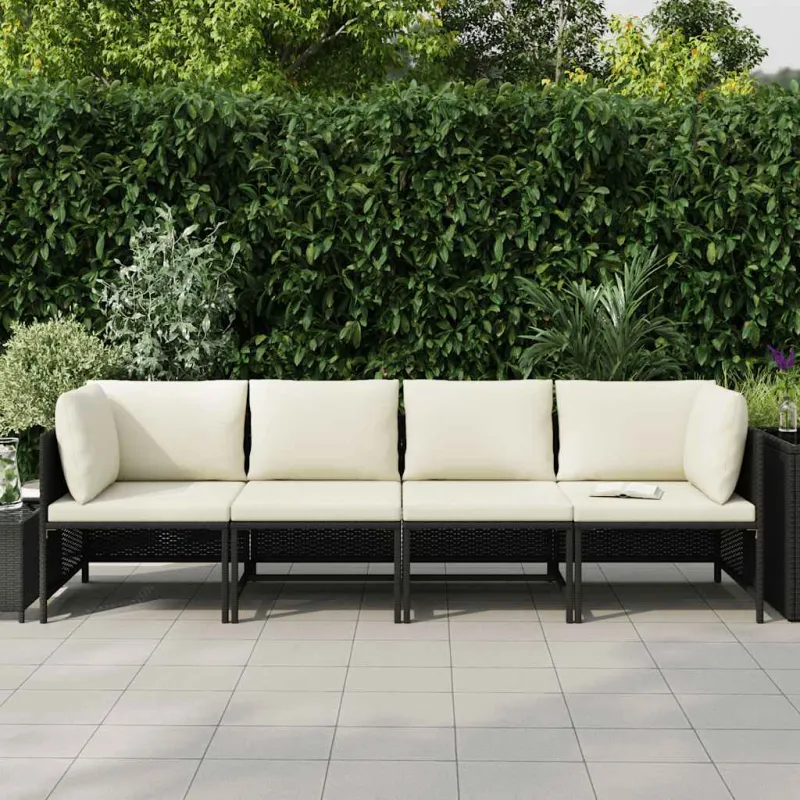 Keturvietė sodo sofa su pagalvėlėmis, juoda, poliratanas