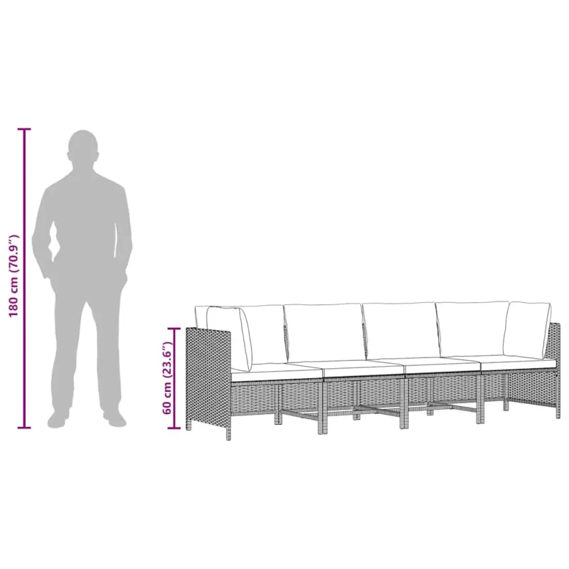 Keturvietė sodo sofa su pagalvėlėmis, juoda, poliratanas