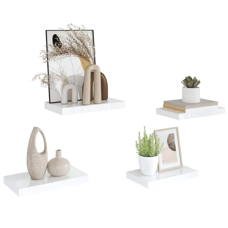 Pakabinamos sieninės lentynos, 4vnt., baltos, 40x23x3,8cm, MDF
