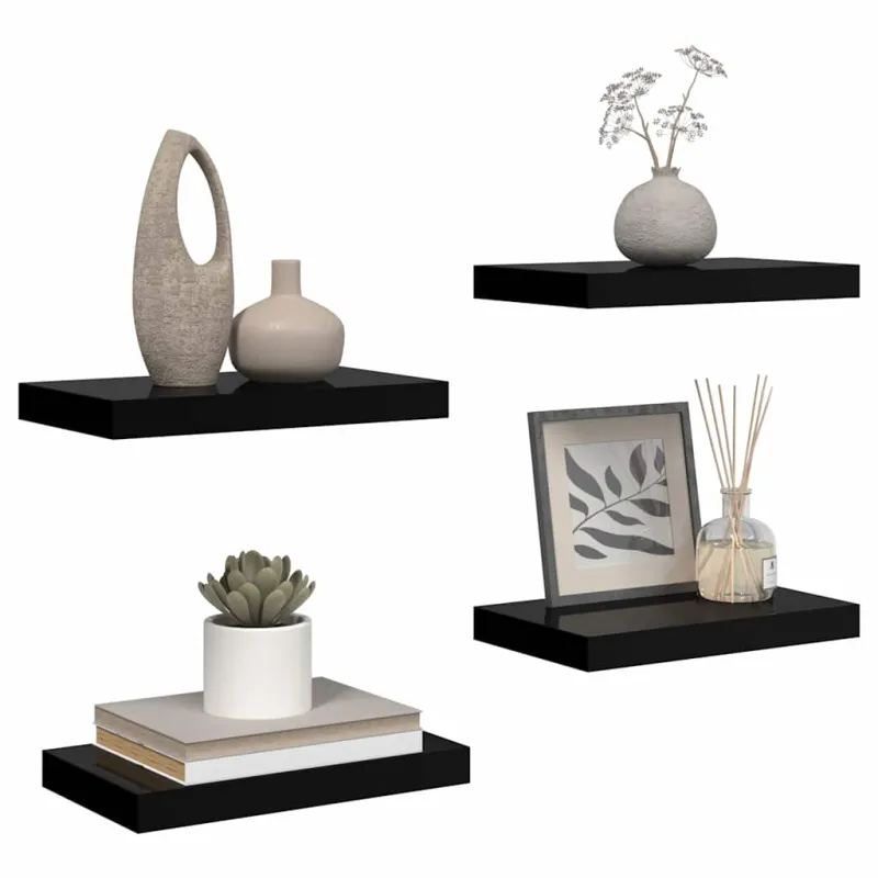 Pakabinamos sieninės lentynos, 4vnt., juodos, 40x23x3,8cm, MDF