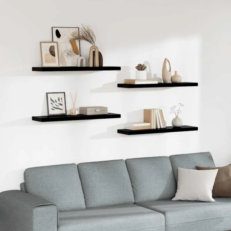 Pakabinamos lentynos, 4vnt., juodos, 90x23,5x3,8cm, MDF