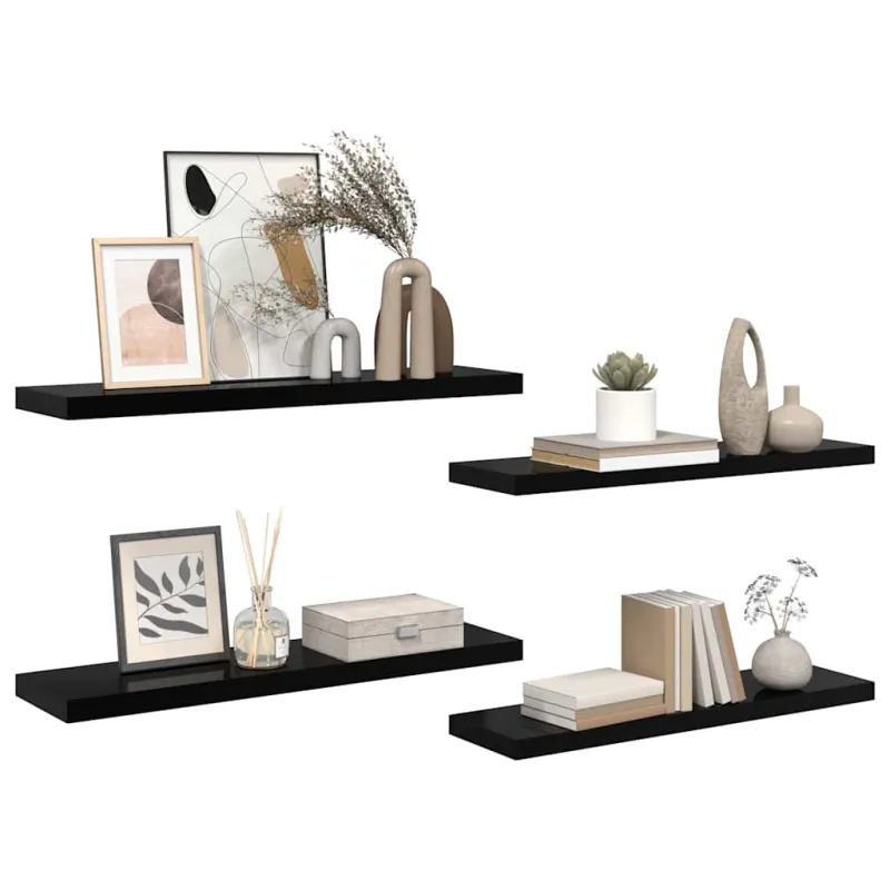 Pakabinamos lentynos, 4vnt., juodos, 90x23,5x3,8cm, MDF