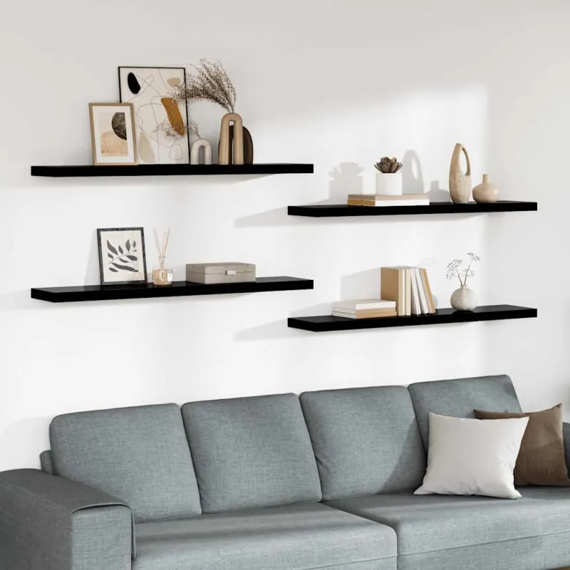 Pakabinamos lentynos, 4vnt., juodos, 120x23,5x3,8cm, MDF