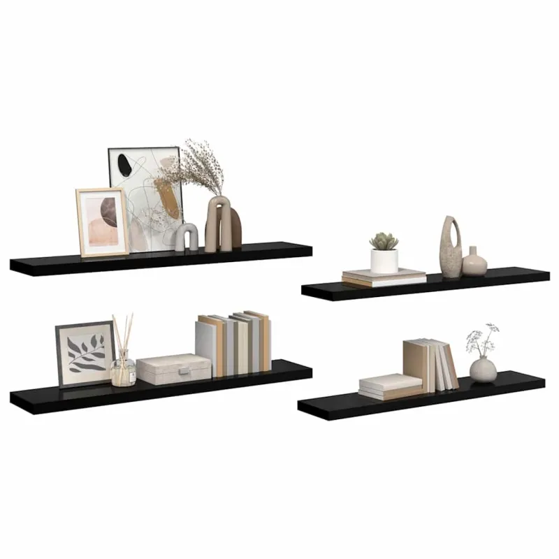Pakabinamos lentynos, 4vnt., juodos, 120x23,5x3,8cm, MDF