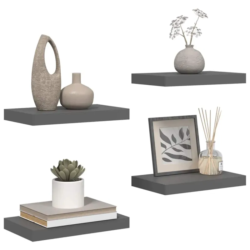 Pakabinamos sieninės lentynos, 4vnt., pilkos, 40x23x3,8cm, MDF