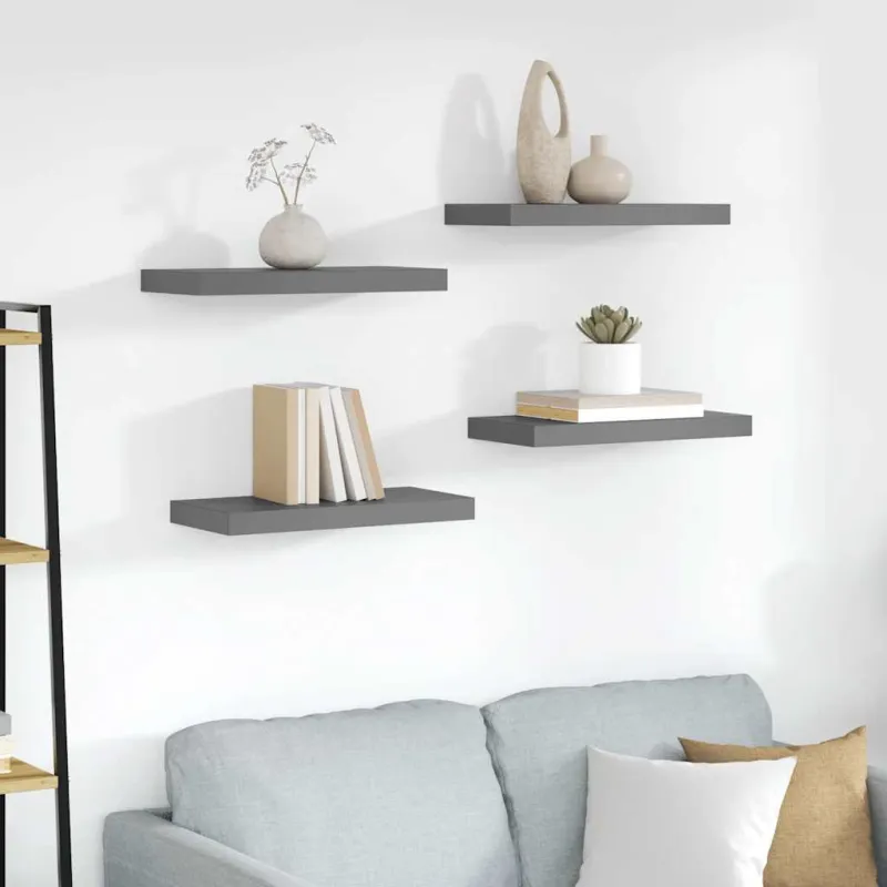 Pakabinamos sieninės lentynos, 4vnt., pilkos, 50x23x3,8cm, MDF