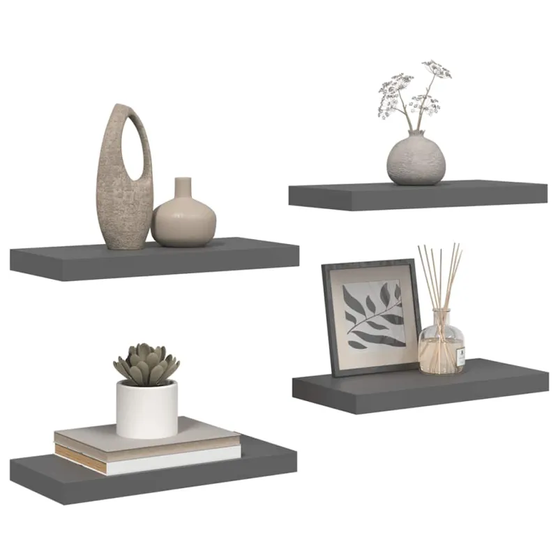 Pakabinamos sieninės lentynos, 4vnt., pilkos, 50x23x3,8cm, MDF