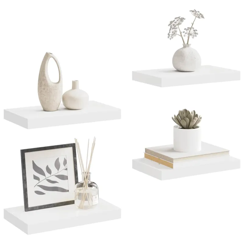Pakabinamos sieninės lentynos, 4vnt., baltos, 40x23x3,8cm, MDF