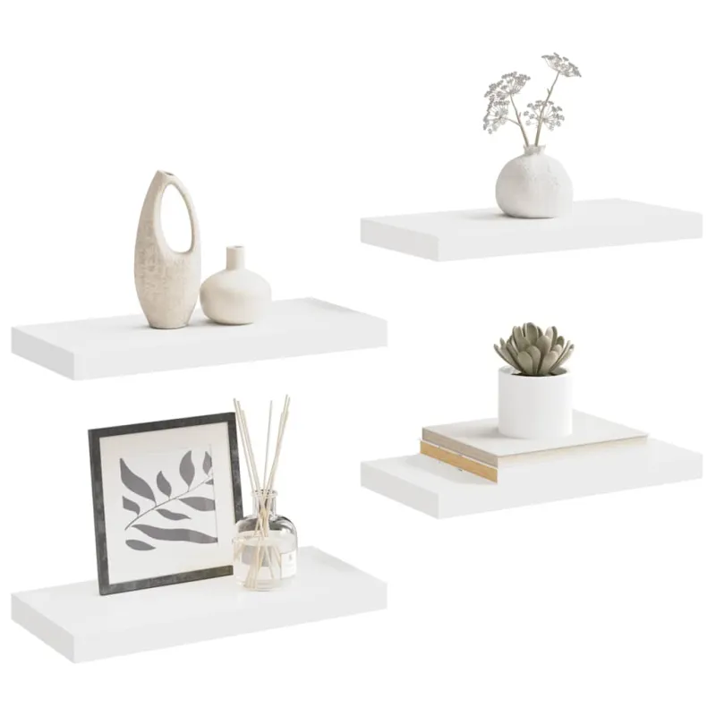 Pakabinamos sieninės lentynos, 4vnt., baltos, 50x23x3,8cm, MDF