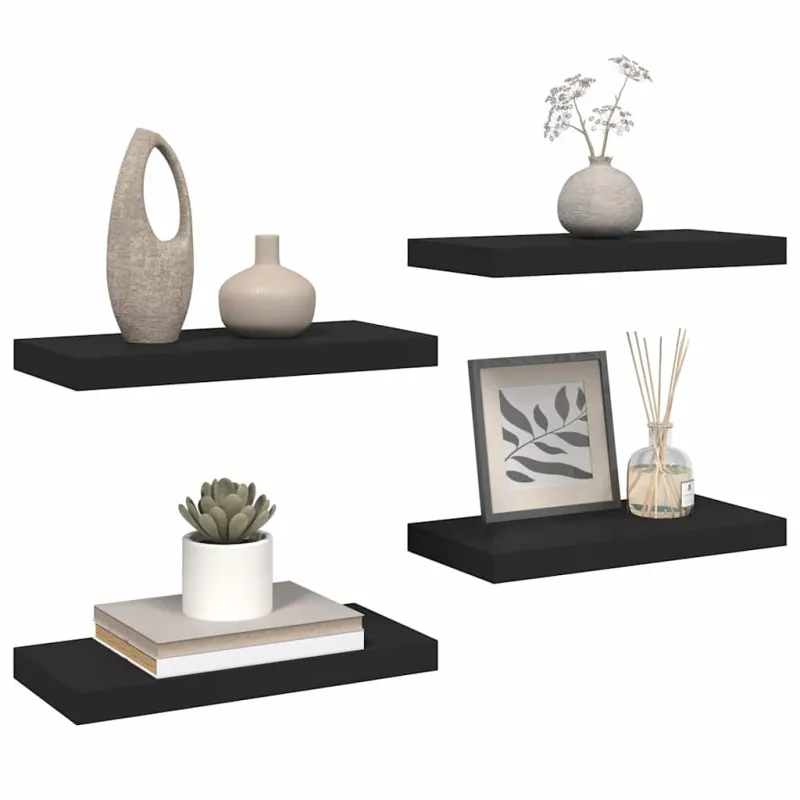 Pakabinamos sieninės lentynos, 4vnt., juodos, 50x23x3,8cm, MDF