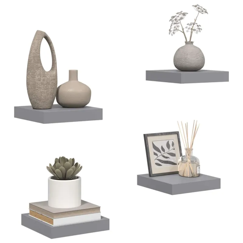 Pakabinamos lentynos, 4vnt., pilkos, 23x23,5x3,8cm, MDF