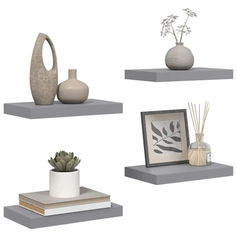 Pakabinamos sieninės lentynos, 4vnt., pilkos, 40x23x3,8cm, MDF