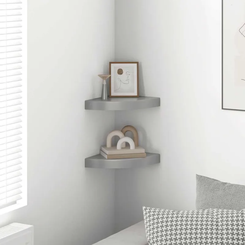 Pakabinamos kampinės lentynos, 2vnt., pilkos, 25x25x3,8cm, MDF