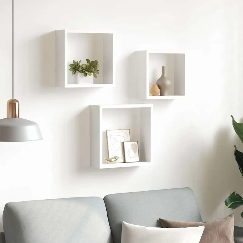 Sieninės lentynos, 3vnt., baltos spalvos, MDF, kubo formos