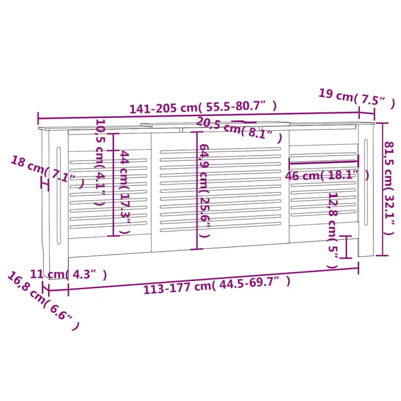 Radiatoriaus uždangalas, pilkos spalvos, 205cm, MDF
