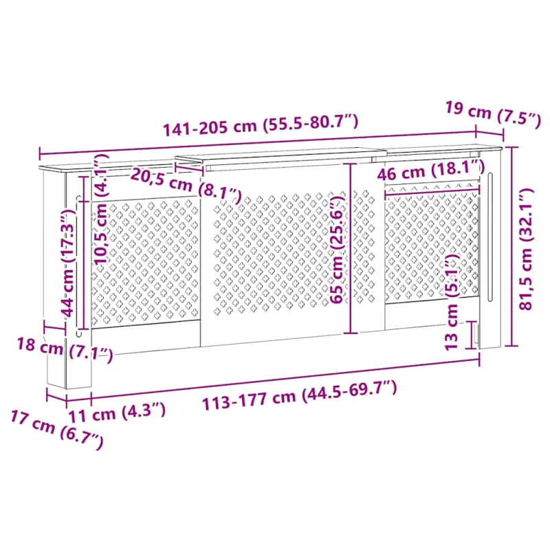 Radiatoriaus uždangalas, pilkos spalvos, 205cm, MDF