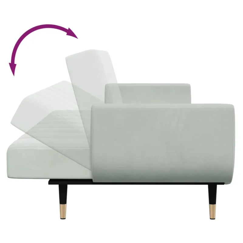 Dvivietė sofa-lova su pakoja, šviesiai pilkos spalvos, aksomas