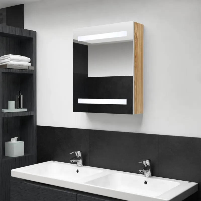 Veidrodinė vonios spintelė su LED, balta ir ąžuolo, 50x14x60cm