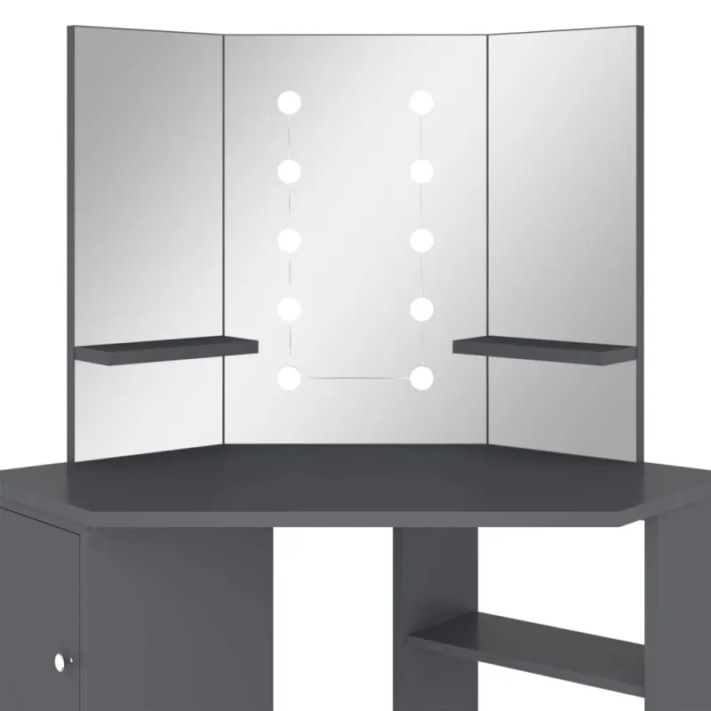 Kampinis kosmetinis staliukas su LED, pilkas, 111x54x141,5cm