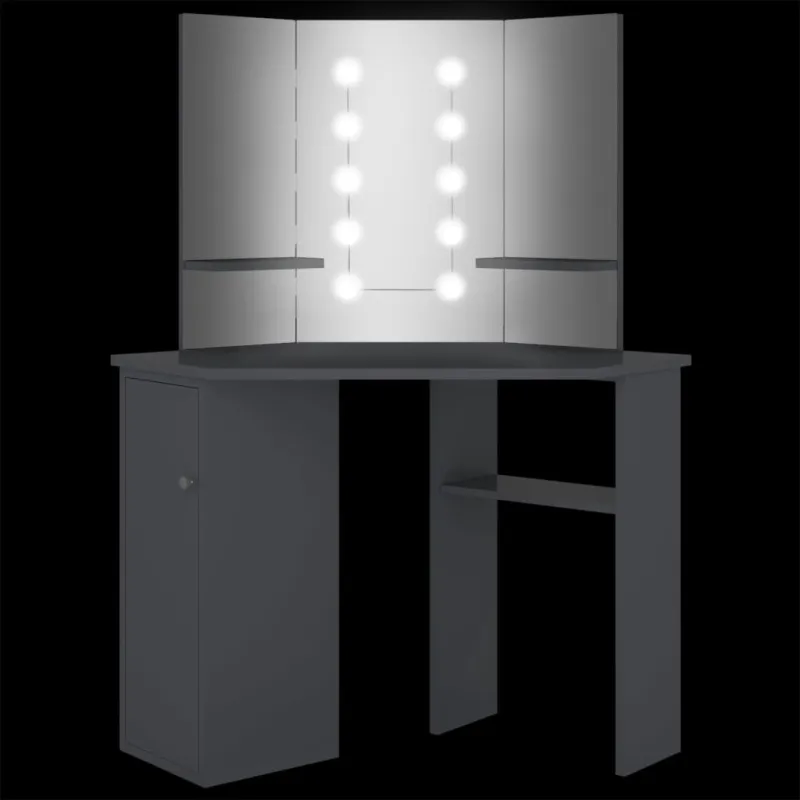 Kampinis kosmetinis staliukas su LED, pilkas, 111x54x141,5cm