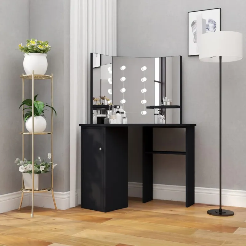 Kampinis kosmetinis staliukas su LED, juodas, 111x54x141,5cm