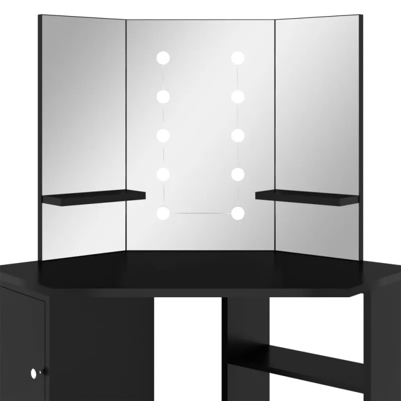 Kampinis kosmetinis staliukas su LED, juodas, 111x54x141,5cm
