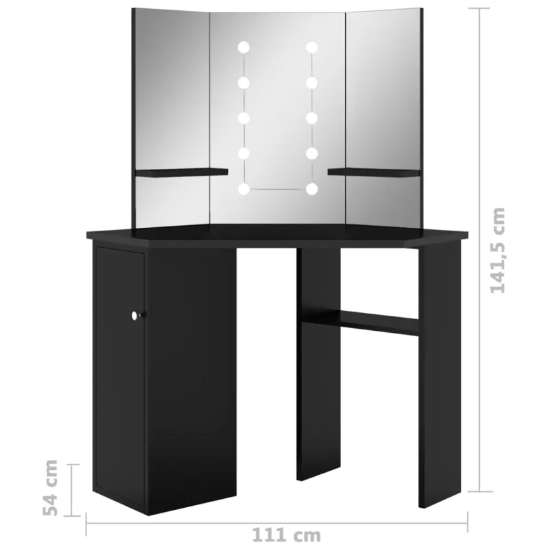 Kampinis kosmetinis staliukas su LED, juodas, 111x54x141,5cm