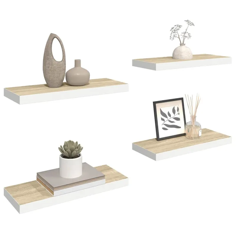 Pakabinamos lentynos, 4vnt., ąžuolo/baltos, 60x23,5x3,8cm, MDF