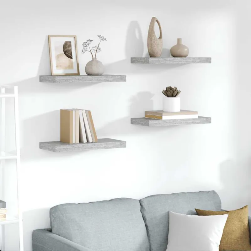 Pakabinamos sieninės lentynos, 4vnt., pilkos, 50x23x3,8cm, MDF