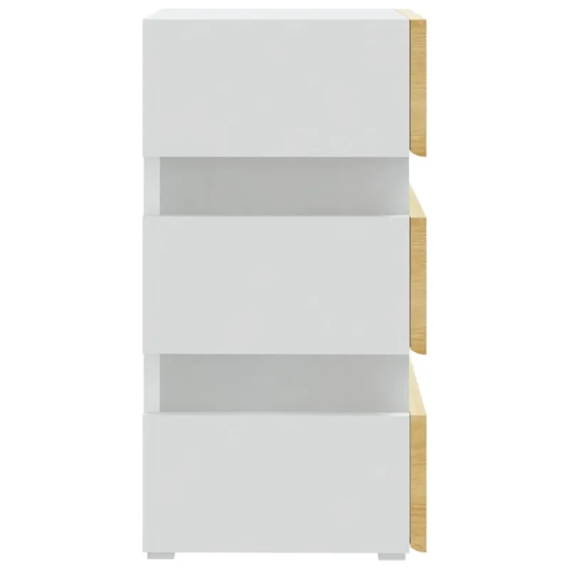 Naktinė spintelė su LED, balta ir ąžuolo, 45x35x67cm, mediena