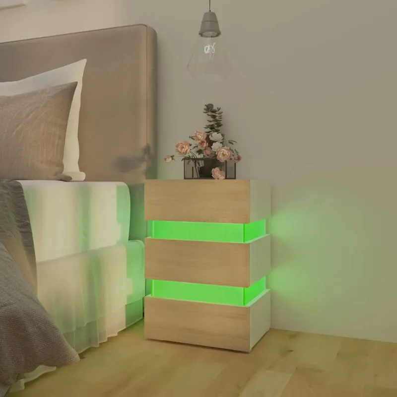 Naktinė spintelė su LED, balta ir ąžuolo, 45x35x67cm, mediena
