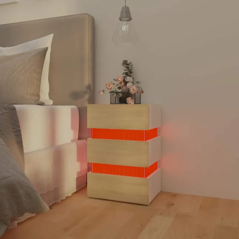 Naktinė spintelė su LED, balta ir ąžuolo, 45x35x67cm, mediena